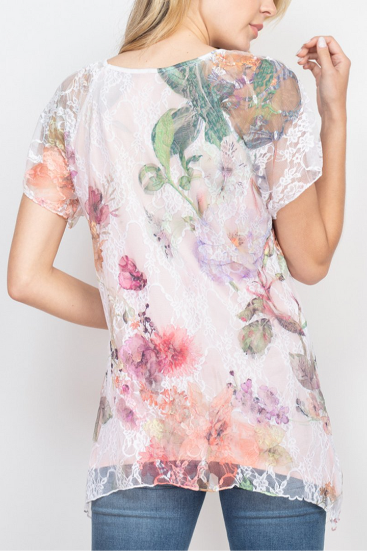 Floral lace overlay shark bite hem short sleeve