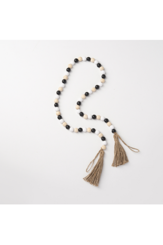 White, Natural, Black Wood Beaded Garland with Tassel