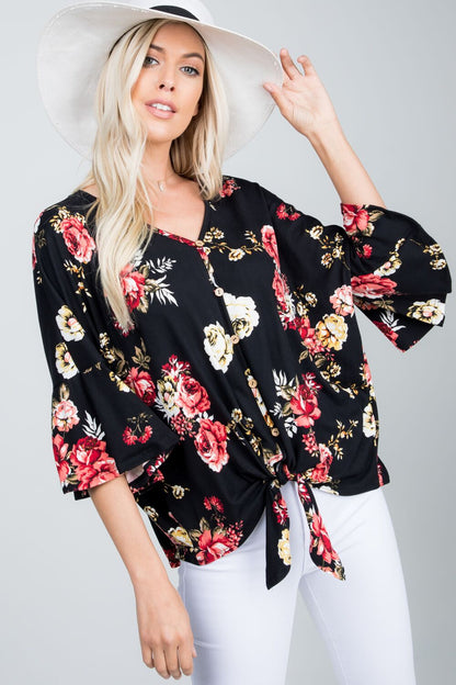 Floral print button down tied front