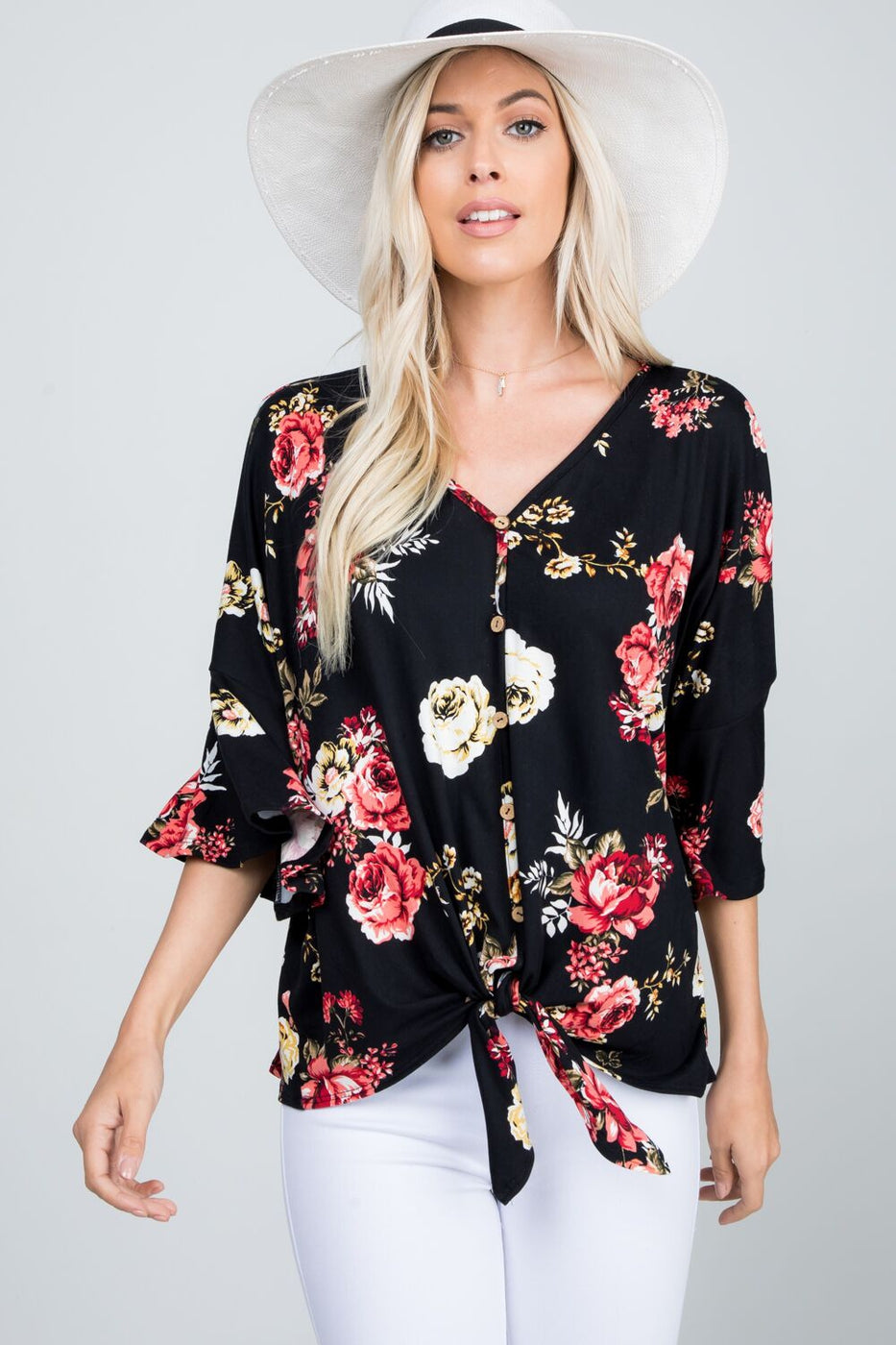 Floral print button down tied front