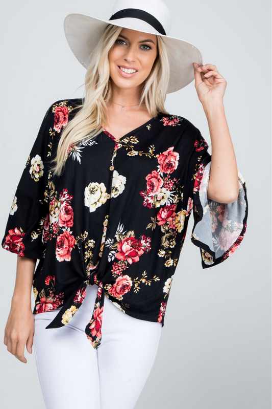 Floral print button down tied front