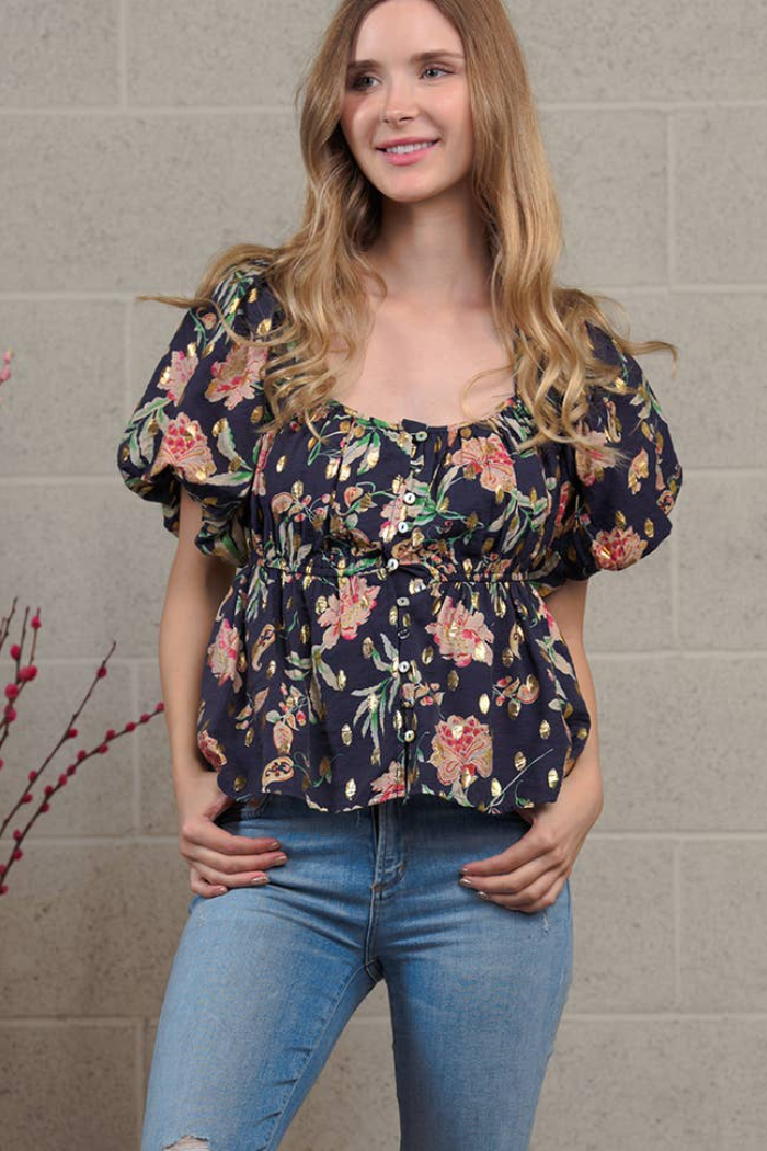 Floral puffed button-down
