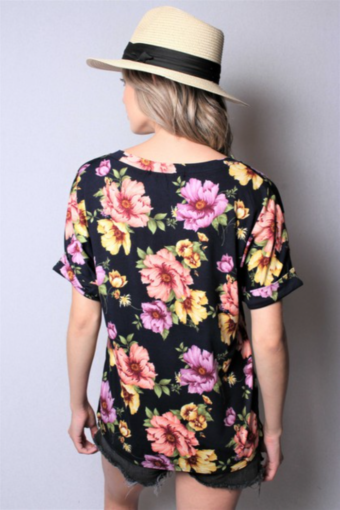 Floral V Neck Top Front Knot