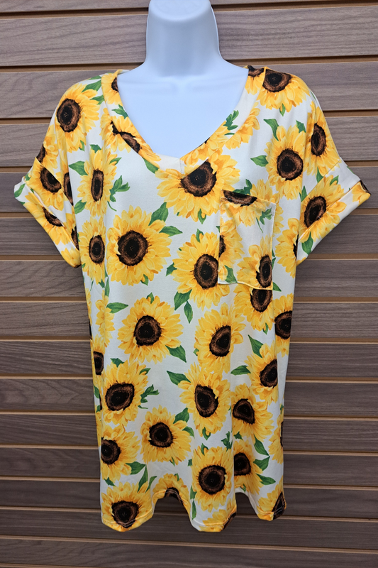 V neck Sunflower roll up sleeve w/front pocket