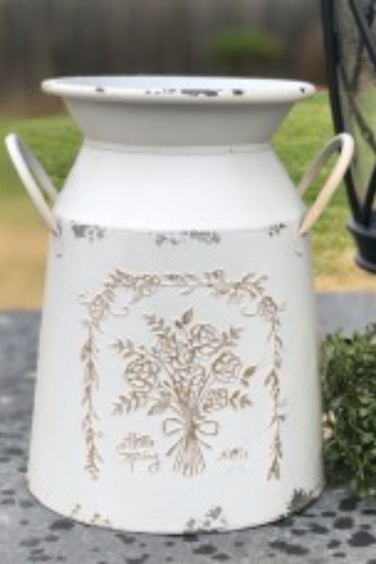 Flower Embossed Cream Distressed Milk Can