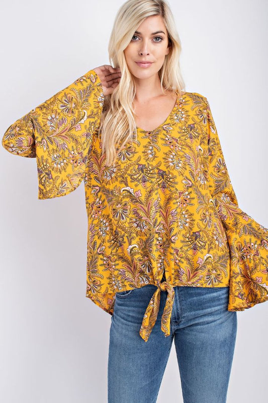 Golden yellow w/floral front tie blouse