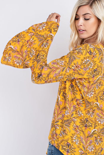 Golden yelolw w/floral front tie blouse
