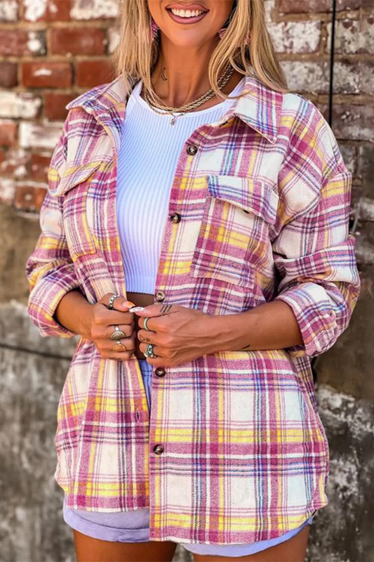 Red Plaid Print Rounded Hem Shirt Jacket