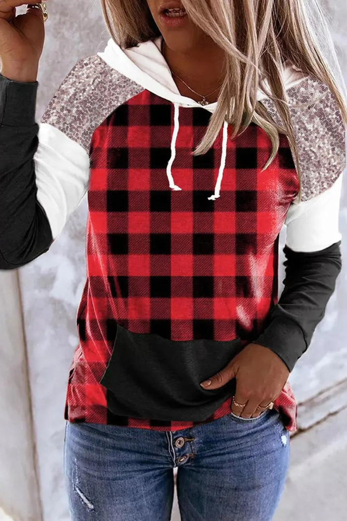 Red Sequined Splicing Plaid Kangaroo Pocket Hoodie