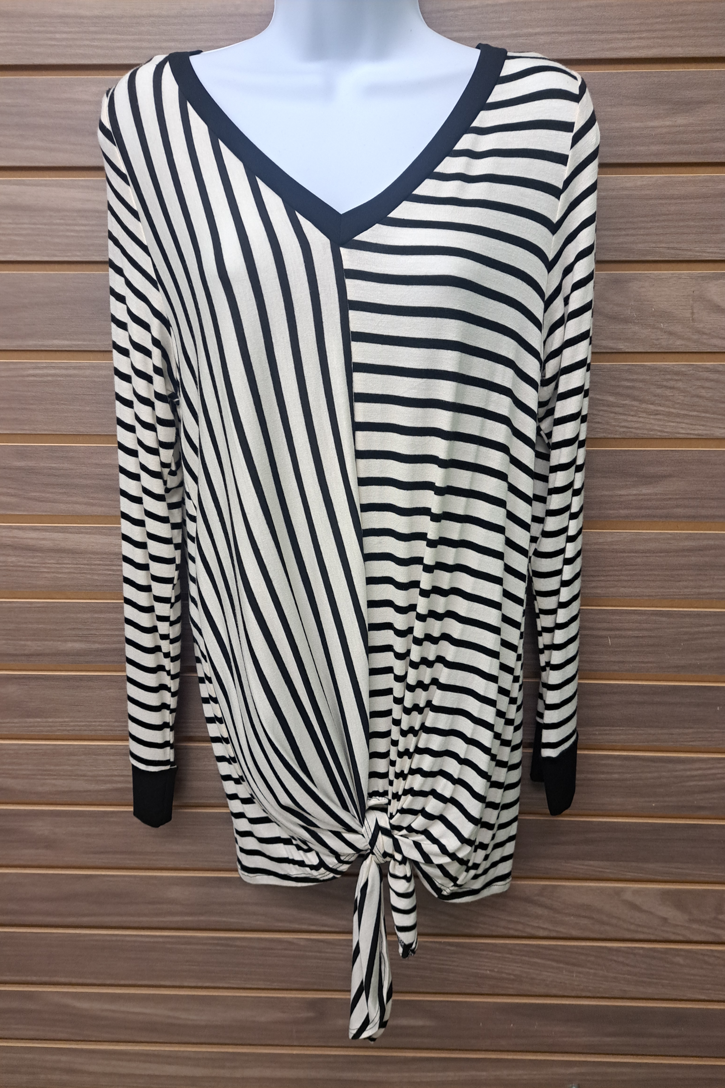 Ivory black stripes long sleeved V neck top