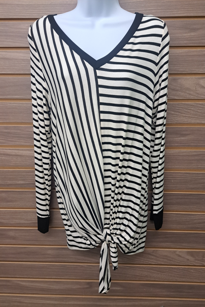 Ivory black stripes long sleeved V neck top