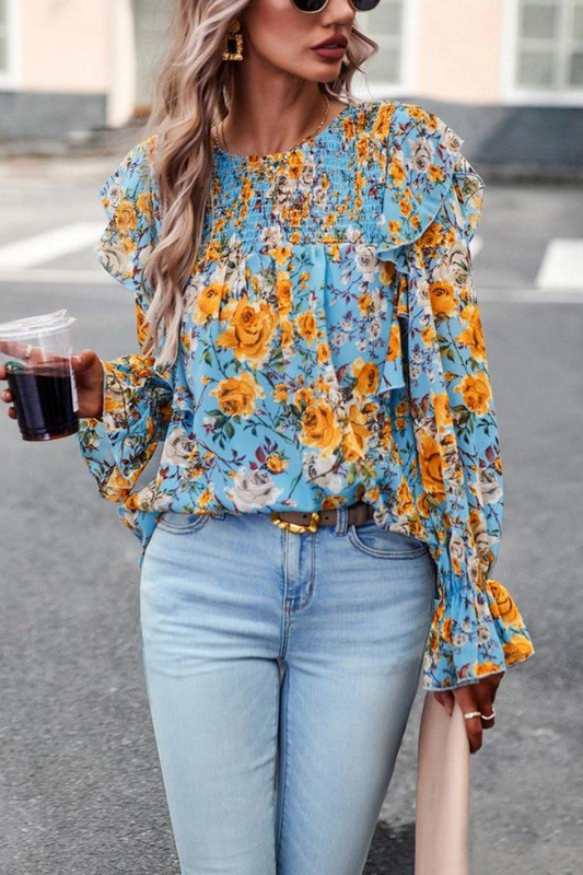 Bright Floral Print Smocked Ruffle Trim Blouse