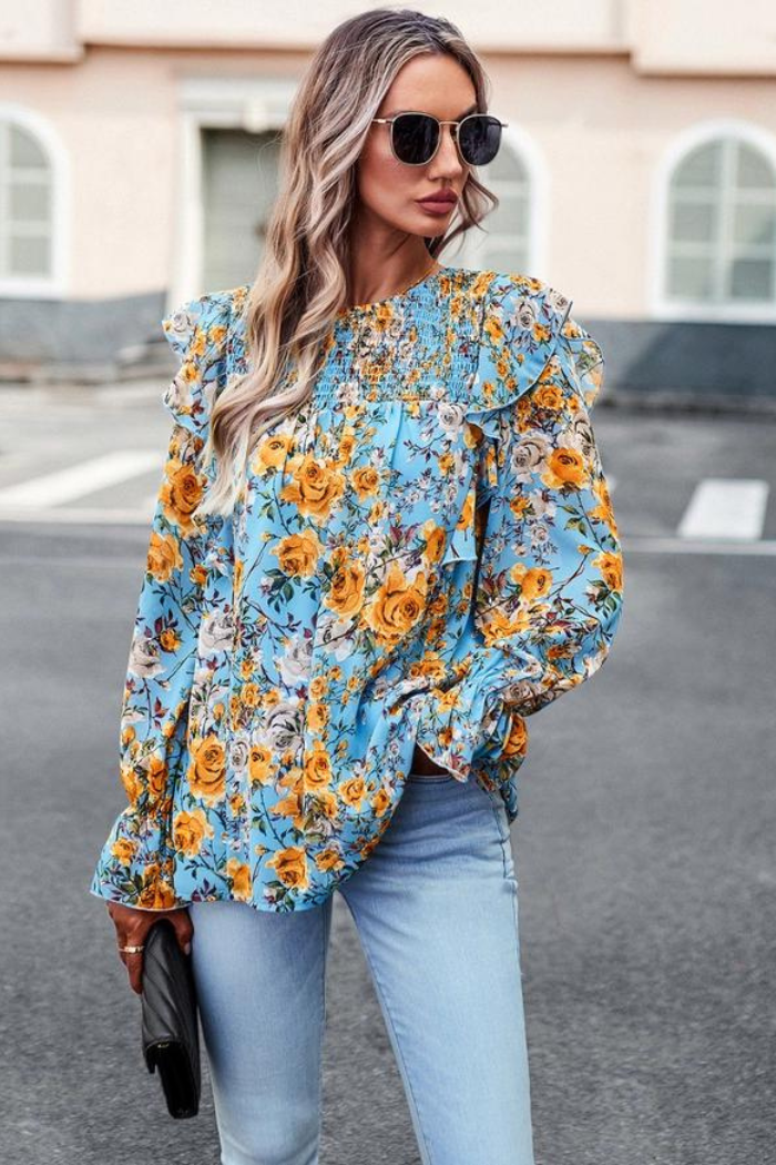 Bright Floral Print Smocked Ruffle Trim Blouse