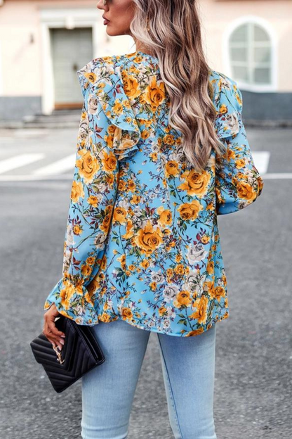 Bright Floral Print Smocked Ruffle Trim Blouse