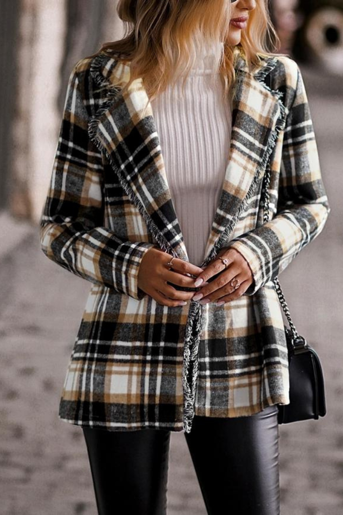 Plaid with Fringe Shacket Blazer