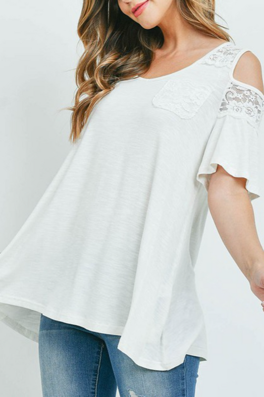 LACE CONTRAST CUTOUT SHOULDER LOOSE