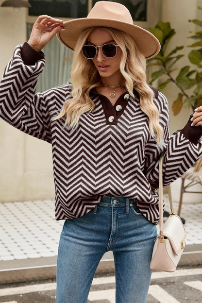 V Patterned Button V Neck Jumper