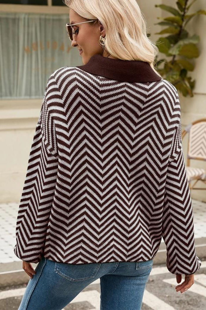 V Patterned Button V Neck Jumper