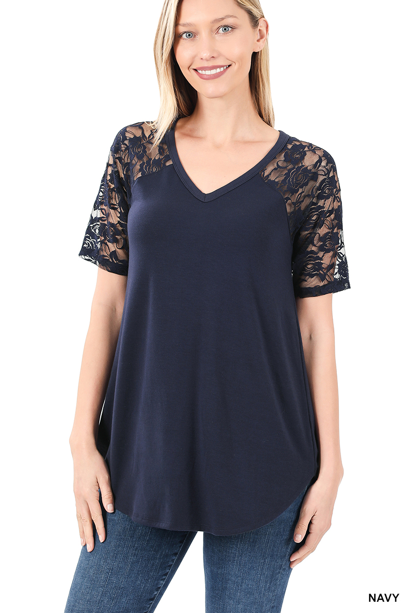 Lace detail short sleeve v-neck top