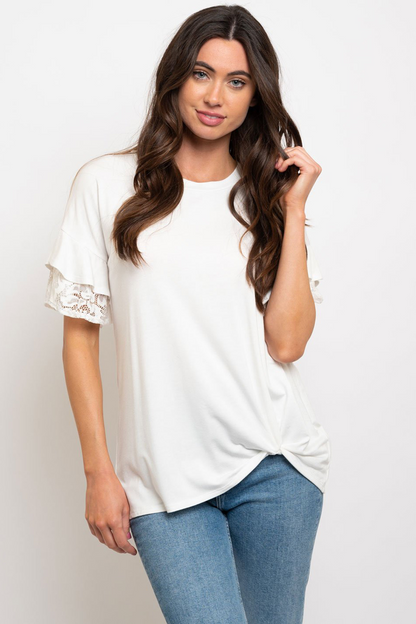 Lace ruffle detailed front knot top
