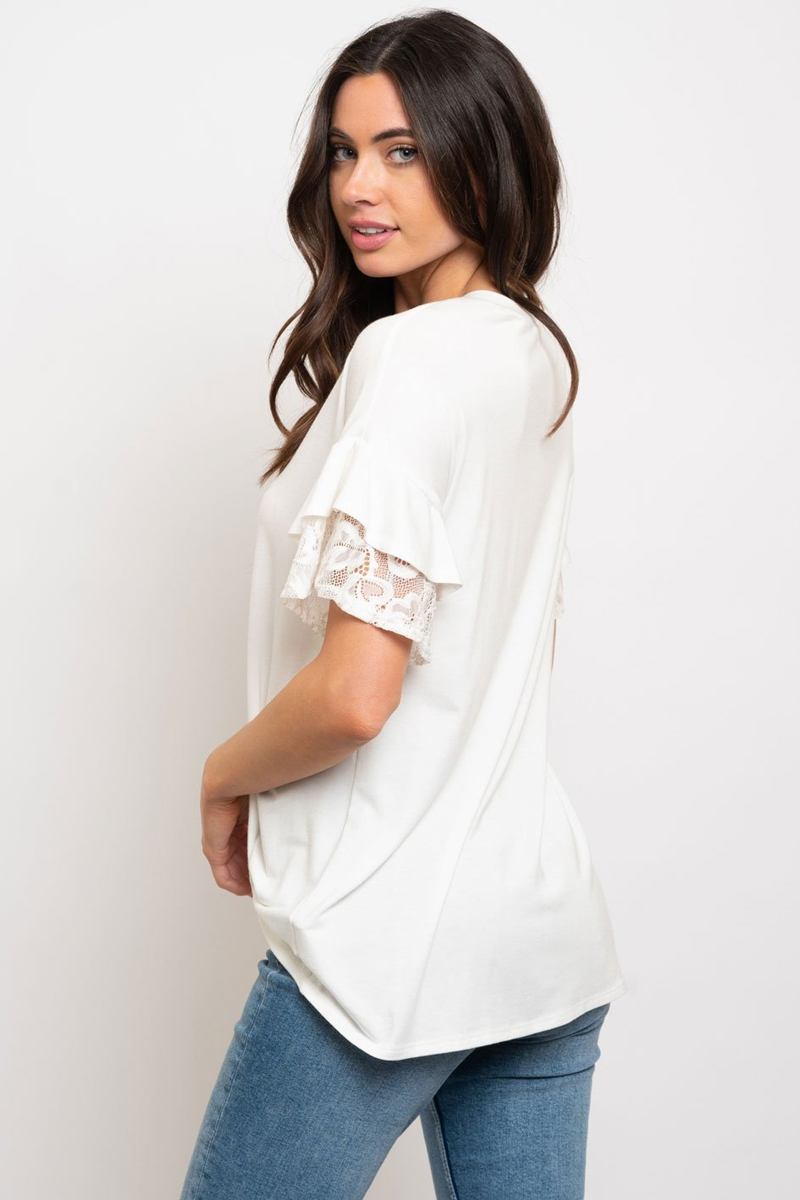Lace ruffle detailed front knot top